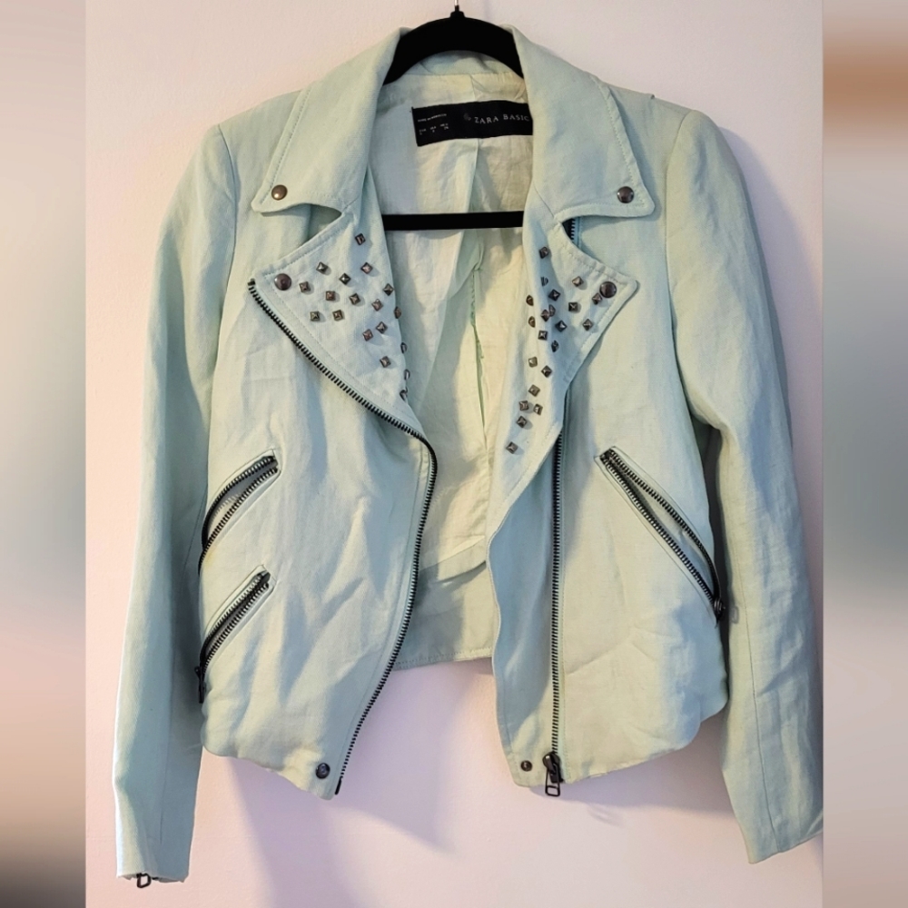 Zara mint green studded lineeen moto blazer. Small.